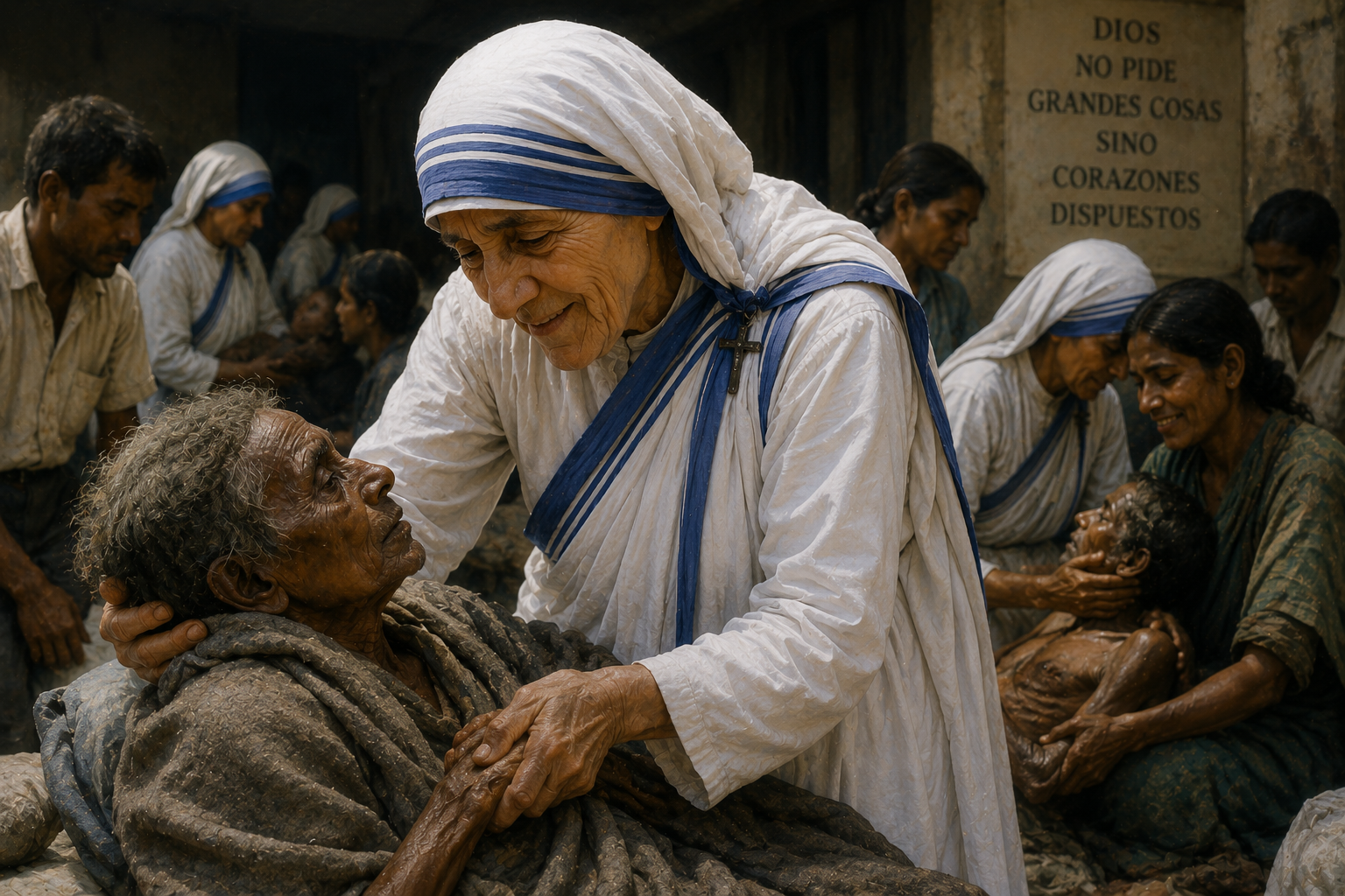 Santa Teresa de Calcuta con personas necesitadas